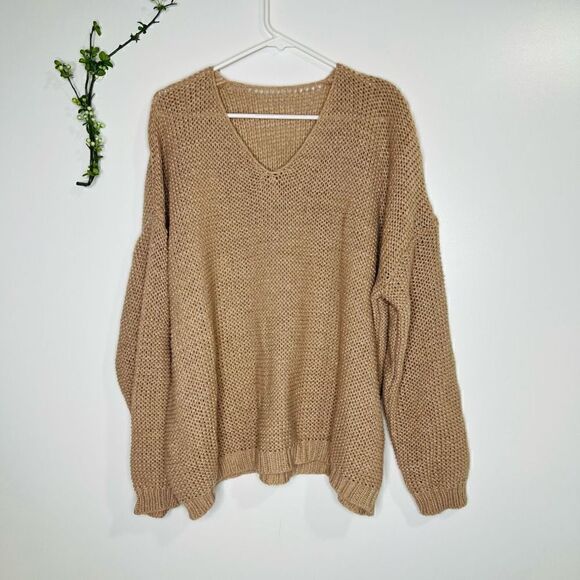 Oversized V Neck Tan Taupe Knit Sweater - Picture 1 of 10